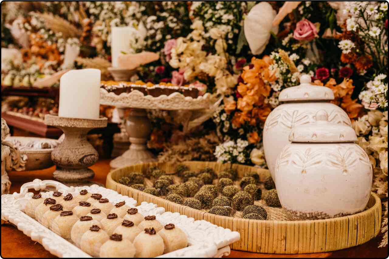 Elegant dessert display on a table, showcasing  cookies, and other sweet treats for a celebration.